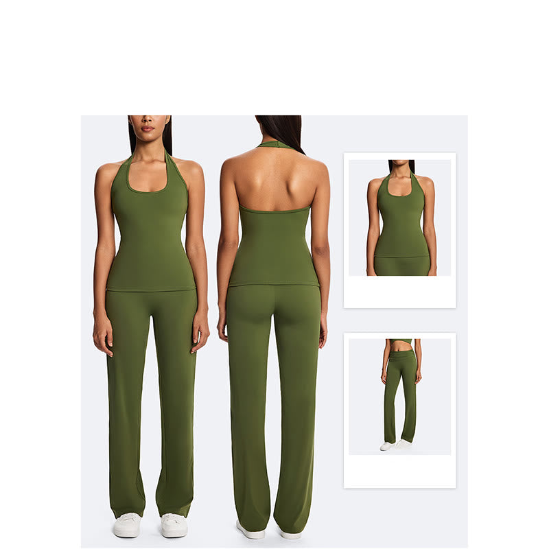 Buddha Stones Solid Crop Halter Backless Sleeveless Top Straight Leg Pants For Sports Fitness Yoga - image 19