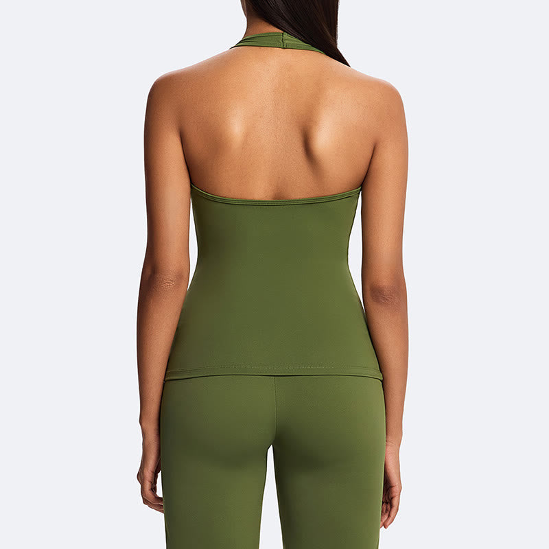 Buddha Stones Solid Crop Halter Backless Sleeveless Top Straight Leg Pants For Sports Fitness Yoga - image 9