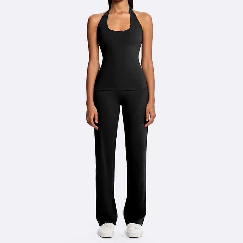 Buddha Stones Solid Crop Halter Backless Sleeveless Top Straight Leg Pants For Sports Fitness Yoga - image 26