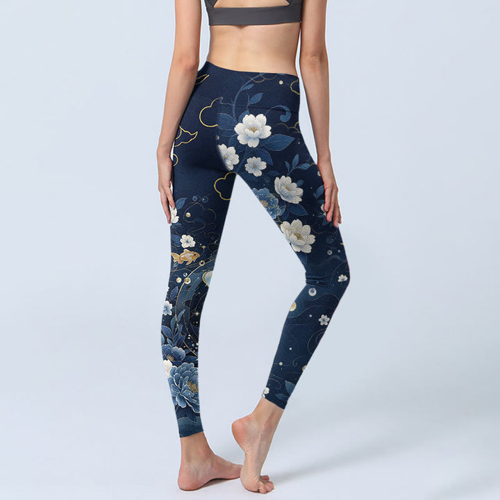 Buddha Stones Blue White Peony Flowers Koi Fish Print Gym Leggings Women's Yoga Pants - image 4