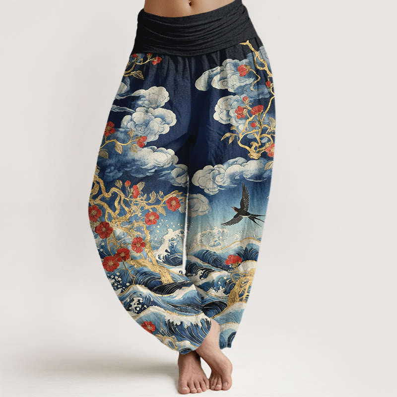 Buddha Stones Pure Cotton Auspicious Clouds Red Blossoms Swallow Ocean Waves Women's Elastic Waist Harem Pants - SteelBlue - US16，UK/AU20，EU48 (3XL) - image 0