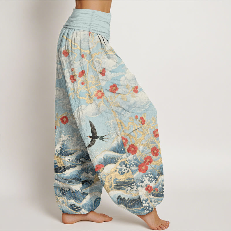 Buddha Stones Pure Cotton Auspicious Clouds Red Blossoms Swallow Ocean Waves Women's Elastic Waist Harem Pants - image 10