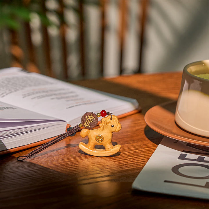 Buddha Stones Year of the Horse Rainbow Eucalyptus Small Leaf Red Sandalwood Linden Wood Ebony Carved Positive Key Chain - image 17