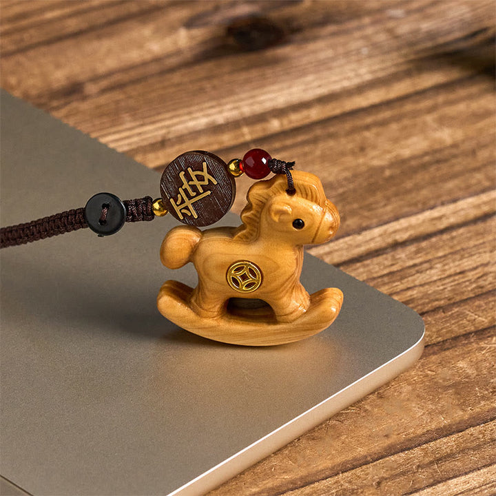 Buddha Stones Year of the Horse Rainbow Eucalyptus Small Leaf Red Sandalwood Linden Wood Ebony Carved Positive Key Chain - image 16