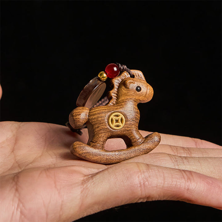 Buddha Stones Year of the Horse Rainbow Eucalyptus Small Leaf Red Sandalwood Linden Wood Ebony Carved Positive Key Chain - image 24