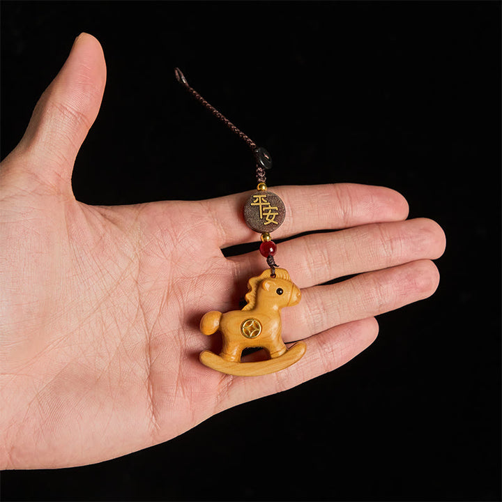 Buddha Stones Year of the Horse Rainbow Eucalyptus Small Leaf Red Sandalwood Linden Wood Ebony Carved Positive Key Chain - image 19