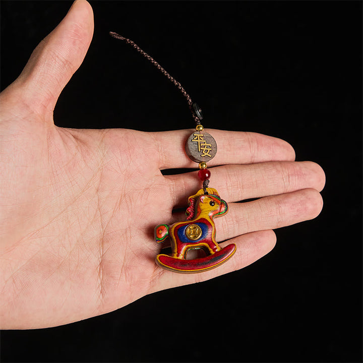 Buddha Stones Year of the Horse Rainbow Eucalyptus Small Leaf Red Sandalwood Linden Wood Ebony Carved Positive Key Chain - image 5
