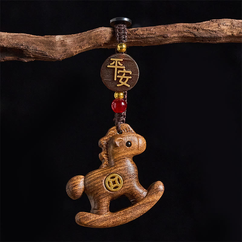 Buddha Stones Year of the Horse Rainbow Eucalyptus Small Leaf Red Sandalwood Linden Wood Ebony Carved Positive Key Chain - Ebony - image 20