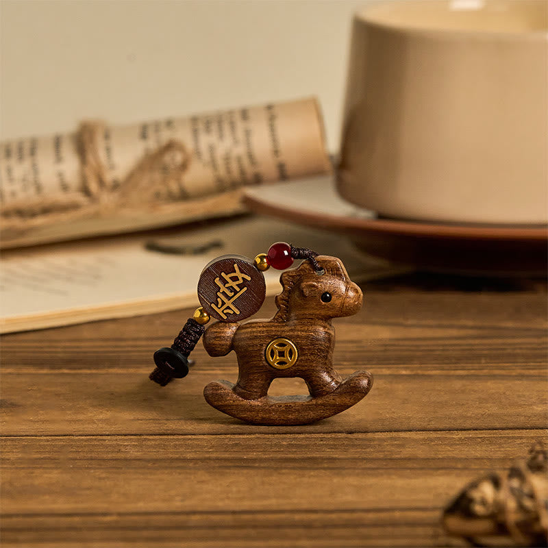 Buddha Stones Year of the Horse Rainbow Eucalyptus Small Leaf Red Sandalwood Linden Wood Ebony Carved Positive Key Chain - image 21