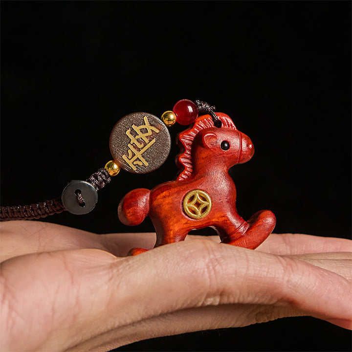 Buddha Stones Year of the Horse Rainbow Eucalyptus Small Leaf Red Sandalwood Linden Wood Ebony Carved Positive Key Chain - image 11