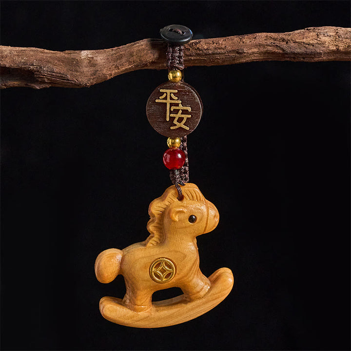 Buddha Stones Year of the Horse Rainbow Eucalyptus Small Leaf Red Sandalwood Linden Wood Ebony Carved Positive Key Chain - Linden Wood - image 14