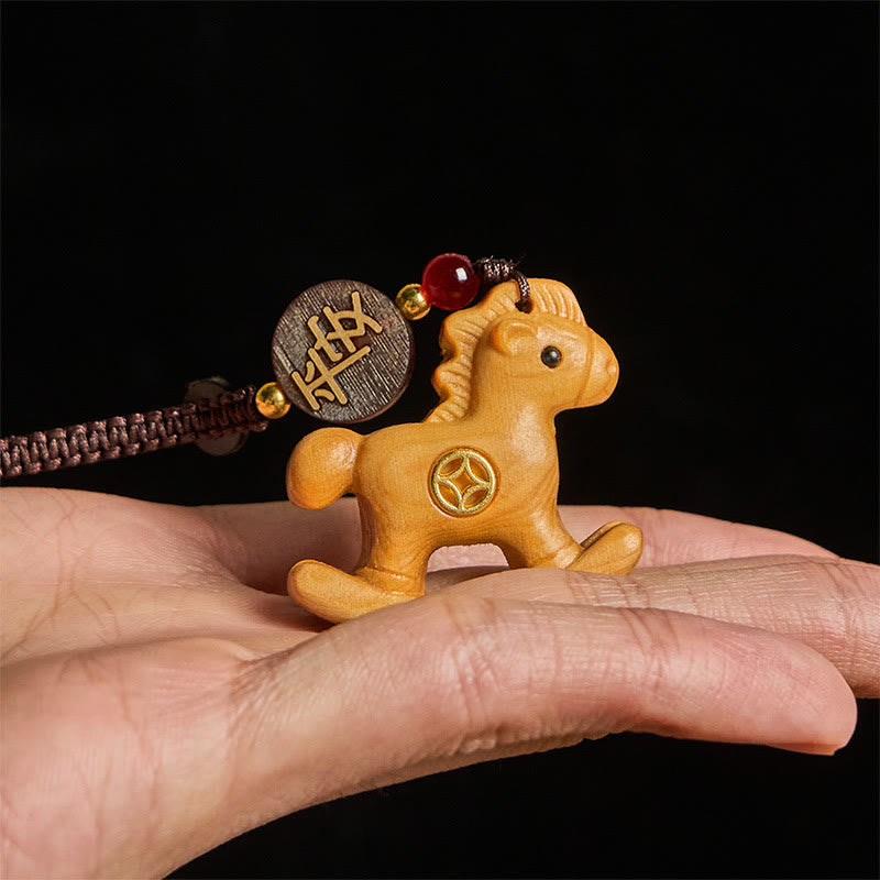 Buddha Stones Year of the Horse Rainbow Eucalyptus Small Leaf Red Sandalwood Linden Wood Ebony Carved Positive Key Chain - image 18