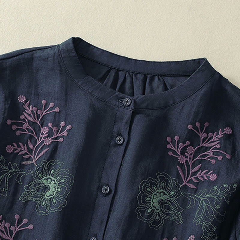 Buddha Stones Embroidery Pleated Design Stand Collar Three Quarter Sleeve Side Slit Hem Women's Cotton Shirt - image 2