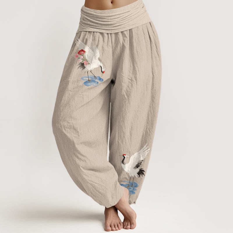 Buddha Stones Pure Cotton Elegant Crane Flower Cloud Pattern Women's Elastic Waist Harem Pants - Tan - US16，UK/AU20，EU48 (3XL) - image 11