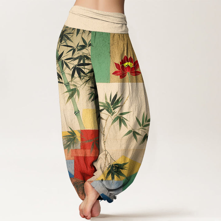 Buddha Stones Cotton Colorful Bamboo Lotus Geometric Shapes Pattern Women's Elastic Waist Harem Pants - image 1