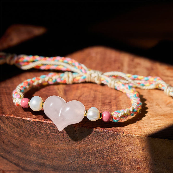 Buddha Stones Heart Design Pink Crystal Braided Rope Warmth Love Bracelet - Pink Crystal(Wrist Circumference: 13-20cm) - image 0