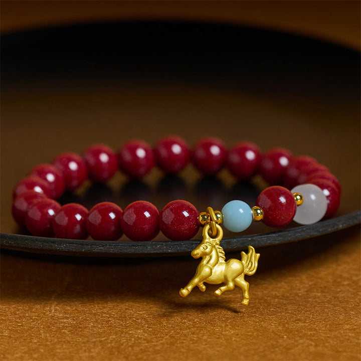 Buddha Stones Year of the Horse Running Horse Charm Cinnabar Blessing Bracelet - 10mm - Cinnabar(Wrist Circumference: 14-16cm) - image 0