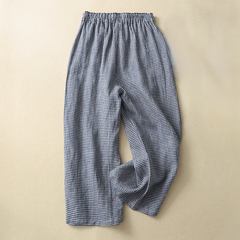Buddha Stones Commute Casual Checkered Pattern 7-8 Length Women's Wide Leg Cotton Linen Pants With Pockets - Navy - US8-10，UK/AU12-14，EU40-42 (2XL) - image 0