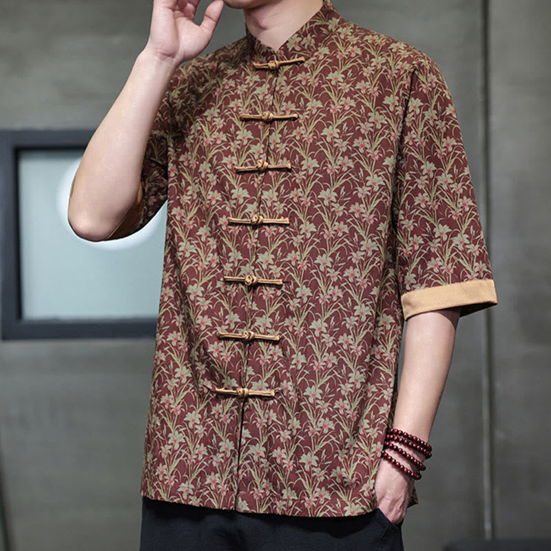 Buddha Stones Summer Colorful Floral Leaves Pattern Short Sleeve Frog-button Design Men's Cotton Shirt - image 1