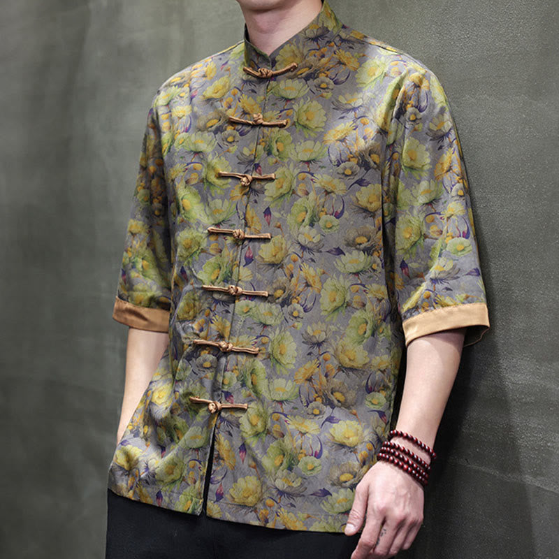 Buddha Stones Summer Colorful Floral Leaves Pattern Short Sleeve Frog-button Design Men's Cotton Shirt - image 11