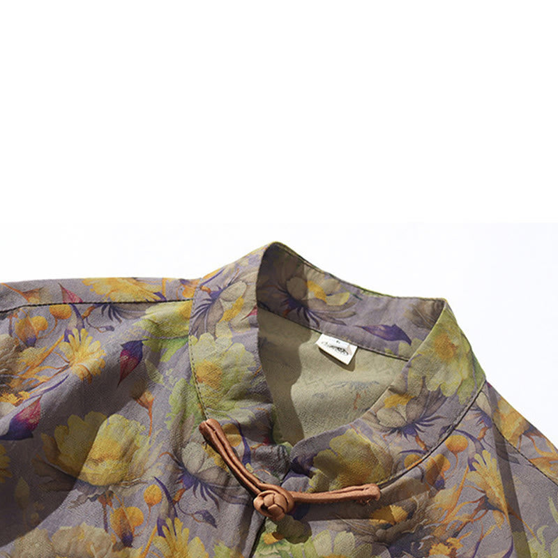 Buddha Stones Summer Colorful Floral Leaves Pattern Short Sleeve Frog-button Design Men's Cotton Shirt - image 14