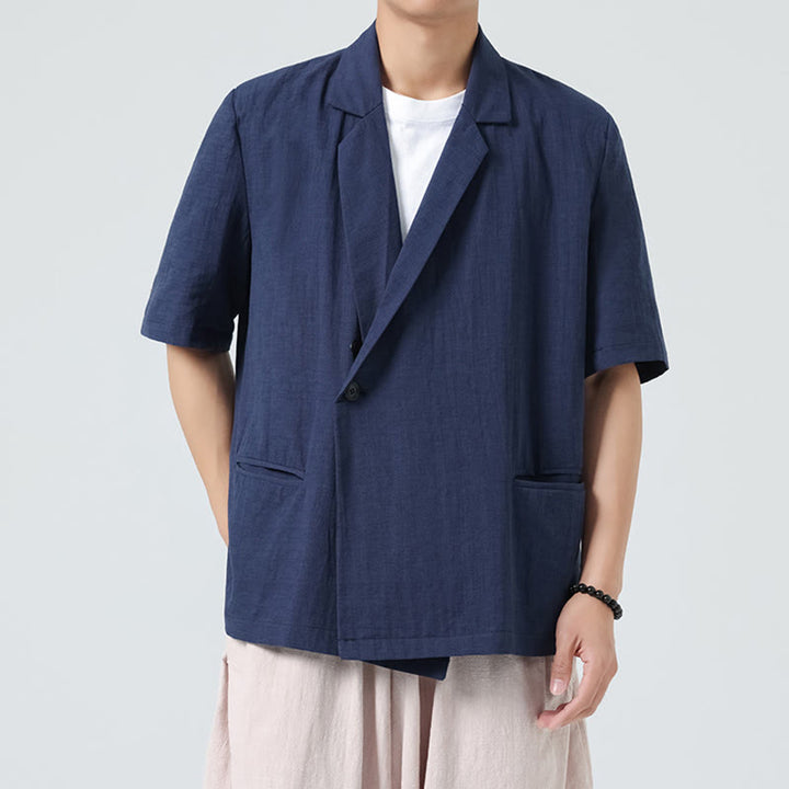 Buddha Stones Spring Plain Asymmetrical Lapel Collar Short Sleeve Men's Cotton Linen Shirt With Pockets - DarkBlue - US/UK/AU46，EU56 (5XL) - image 1