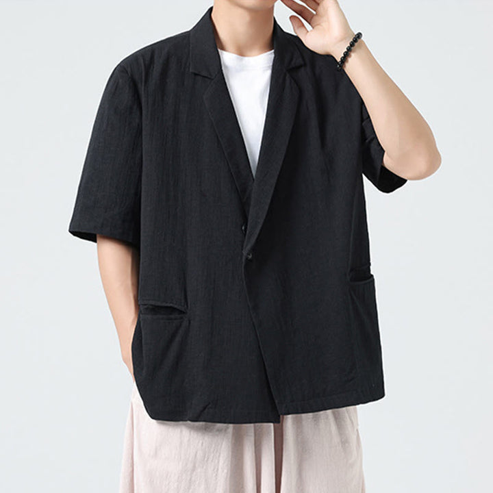 Buddha Stones Spring Plain Asymmetrical Lapel Collar Short Sleeve Men's Cotton Linen Shirt With Pockets - image 11