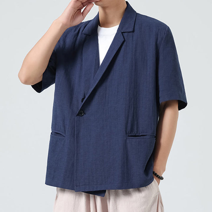 Buddha Stones Spring Plain Asymmetrical Lapel Collar Short Sleeve Men's Cotton Linen Shirt With Pockets - image 2