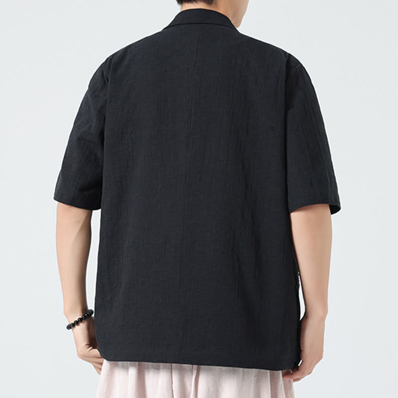 Buddha Stones Spring Plain Asymmetrical Lapel Collar Short Sleeve Men's Cotton Linen Shirt With Pockets - image 14