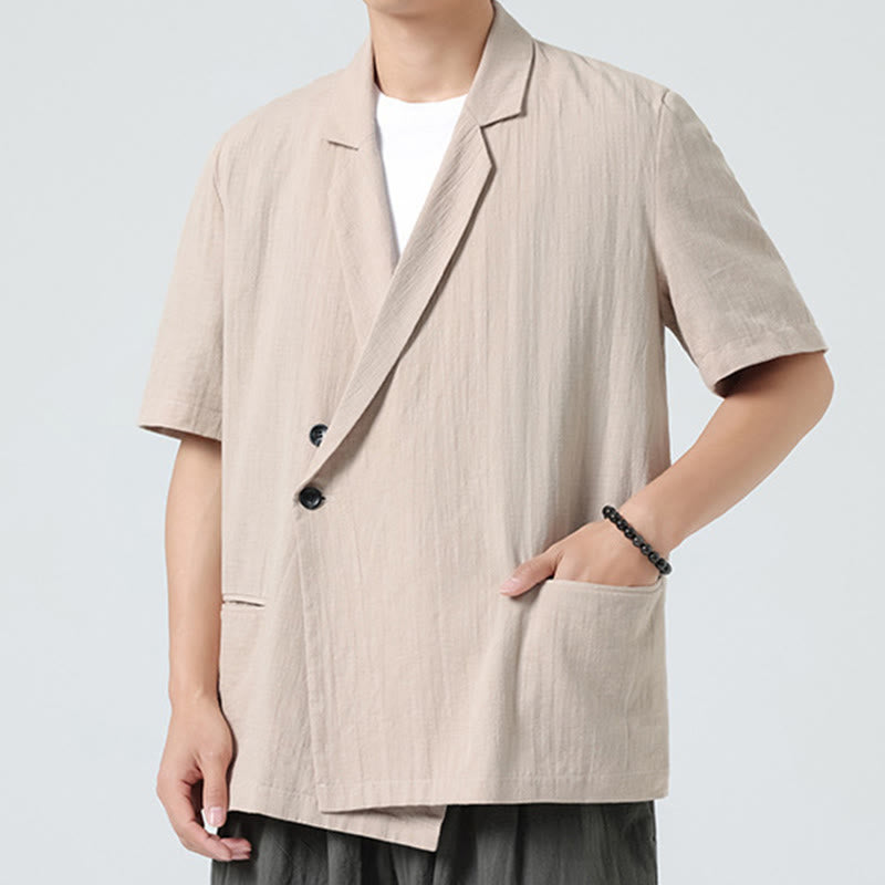 Buddha Stones Spring Plain Asymmetrical Lapel Collar Short Sleeve Men's Cotton Linen Shirt With Pockets - image 19