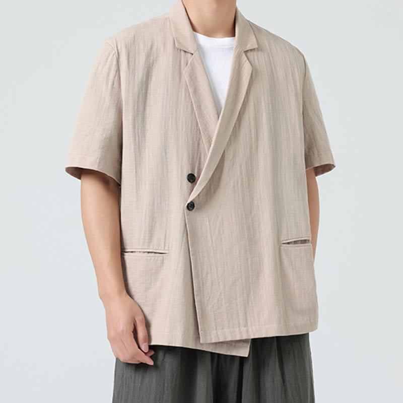 Buddha Stones Spring Plain Asymmetrical Lapel Collar Short Sleeve Men's Cotton Linen Shirt With Pockets - image 22