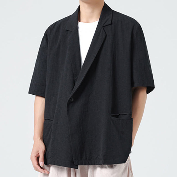 Buddha Stones Spring Plain Asymmetrical Lapel Collar Short Sleeve Men's Cotton Linen Shirt With Pockets - image 15