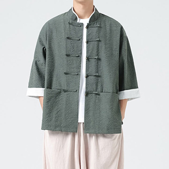 Buddha Stones Spring Solid Color Three Quarter Sleeve Tang Suit Men's Buttons Shirt With Pockets - image 27