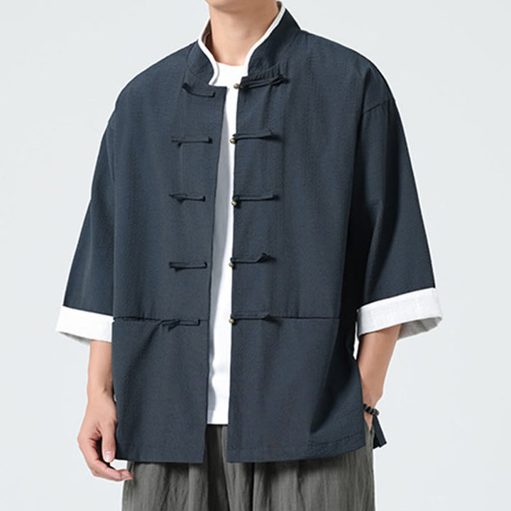 Buddha Stones Spring Solid Color Three Quarter Sleeve Tang Suit Men's Buttons Shirt With Pockets - image 5