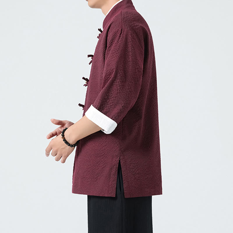 Buddha Stones Spring Solid Color Three Quarter Sleeve Tang Suit Men's Buttons Shirt With Pockets - image 14