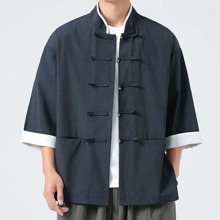 Buddha Stones Spring Solid Color Three Quarter Sleeve Tang Suit Men's Buttons Shirt With Pockets - image 7