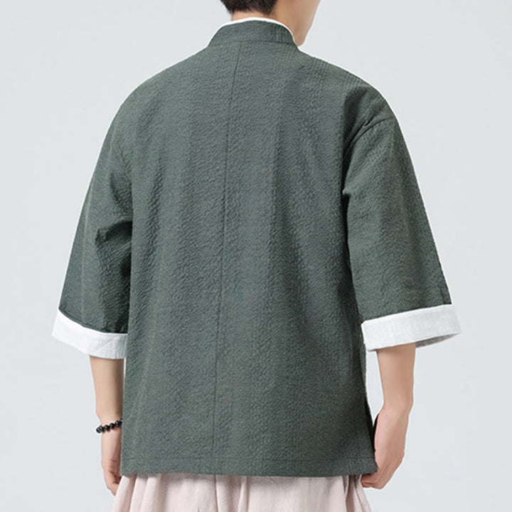 Buddha Stones Spring Solid Color Three Quarter Sleeve Tang Suit Men's Buttons Shirt With Pockets - image 26