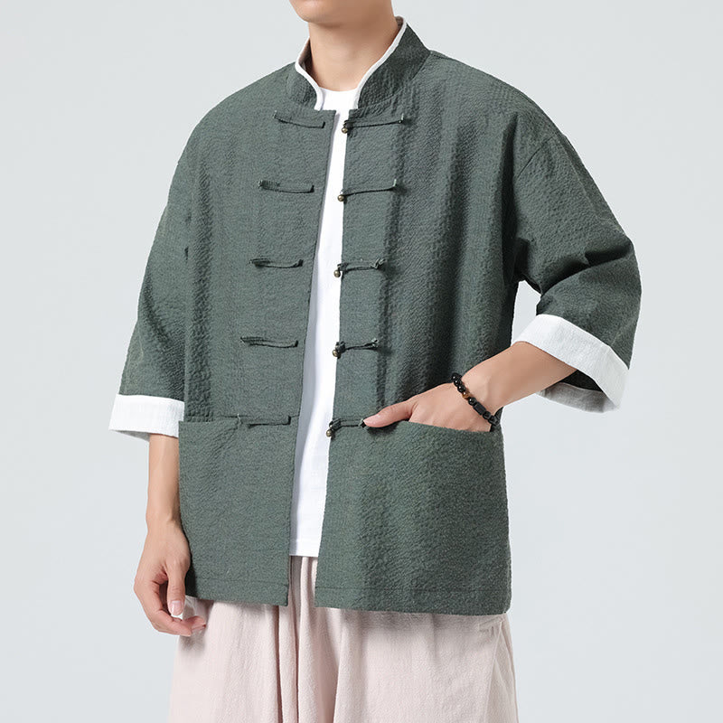 Buddha Stones Spring Solid Color Three Quarter Sleeve Tang Suit Men's Buttons Shirt With Pockets - image 29