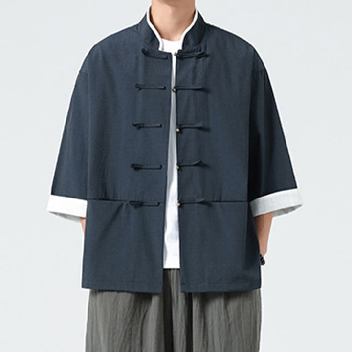 Buddha Stones Spring Solid Color Three Quarter Sleeve Tang Suit Men's Buttons Shirt With Pockets - image 6