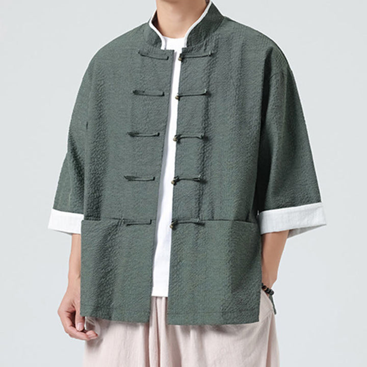 Buddha Stones Spring Solid Color Three Quarter Sleeve Tang Suit Men's Buttons Shirt With Pockets - image 28