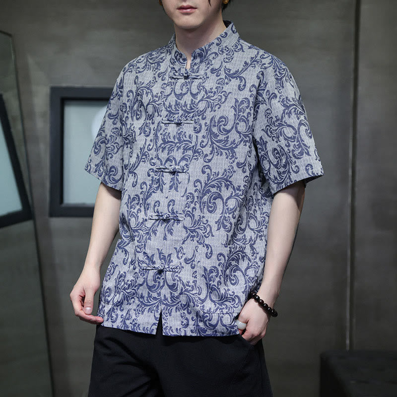 Buddha Stones Summer Floral Vine Pattern Tang Suit Men's Frog-Button Short Sleeve Shirt With Pockets - image 6