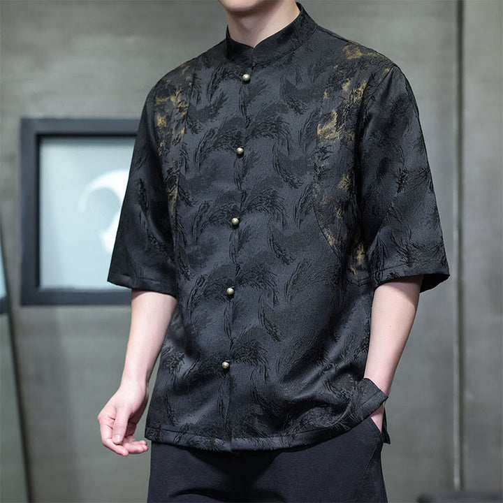Buddha Stones Textured Jacquard Bagua Pattern Button Tang Suit Men's Half Sleeve Cotton Shirt - image 9