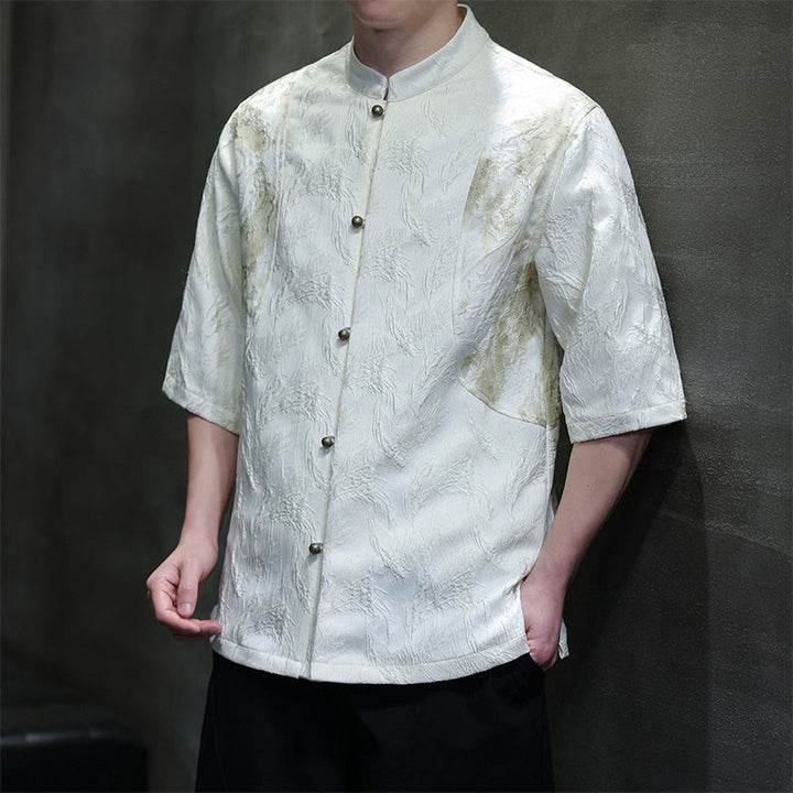 Buddha Stones Textured Jacquard Bagua Pattern Button Tang Suit Men's Half Sleeve Cotton Shirt - White - US/UK/AU46，EU56 (5XL) - image 0