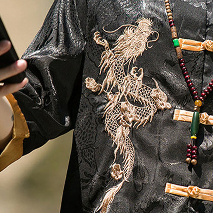 Buddha Stones Embroidered Dragon Pattern Colorblock Design Tang Suit Men's Frog-Button Half Sleeve Shirt - image 20