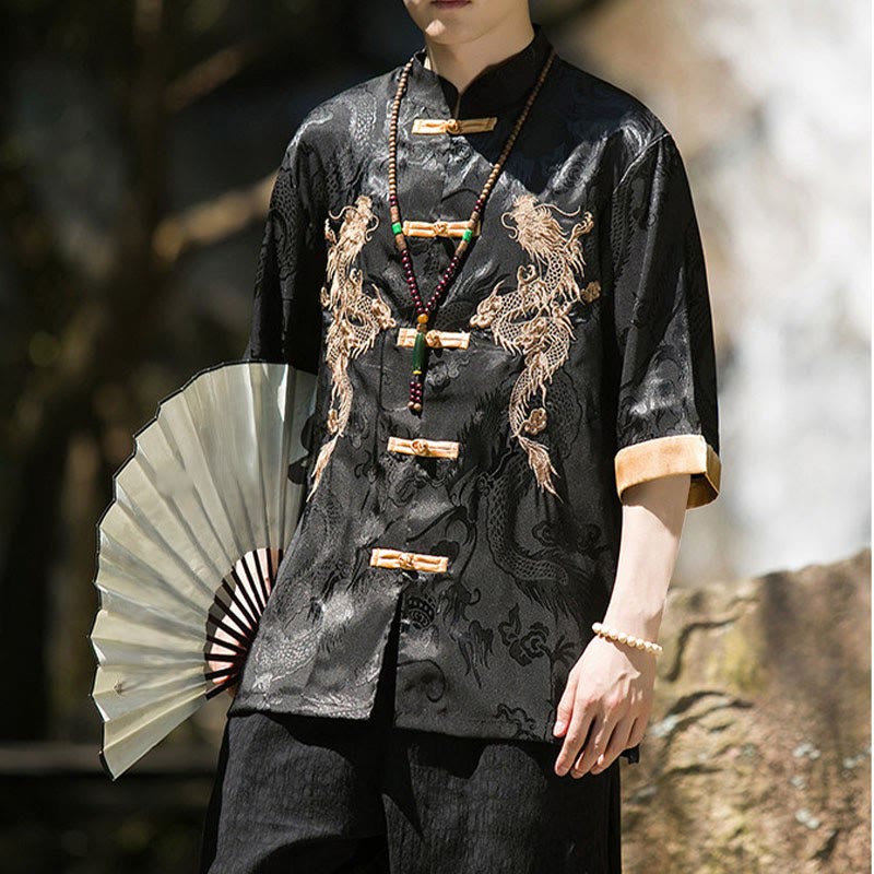 Buddha Stones Embroidered Dragon Pattern Colorblock Design Tang Suit Men's Frog-Button Half Sleeve Shirt - image 17