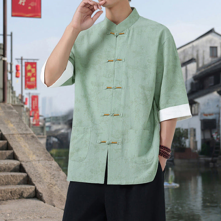 Buddha Stones Summer Crane Pine Tree Pattern Tang Suit Men's Frog-Button Half Sleeve Cotton Shirt With Pockets - PaleGreen - US/UK/AU46，EU56 (5XL) - image 12