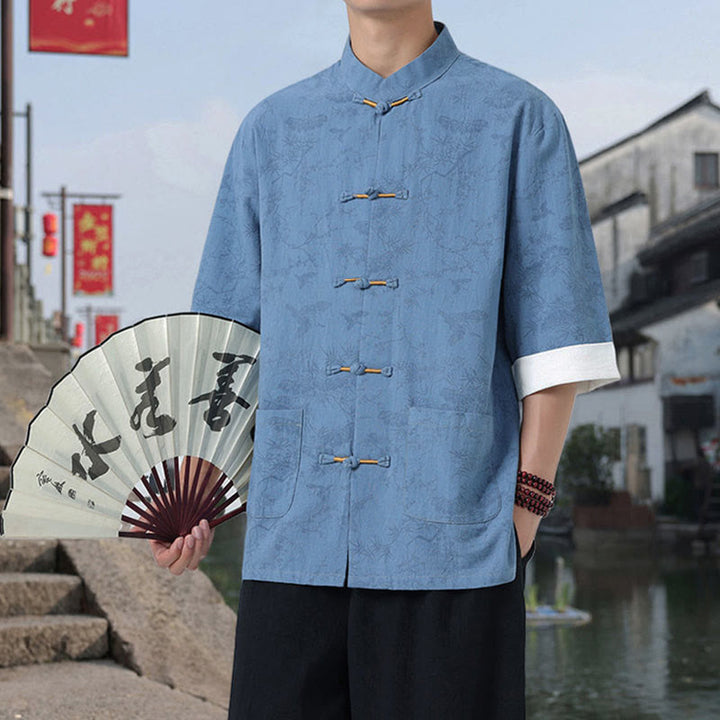 Buddha Stones Summer Crane Pine Tree Pattern Tang Suit Men's Frog-Button Half Sleeve Cotton Shirt With Pockets - image 15