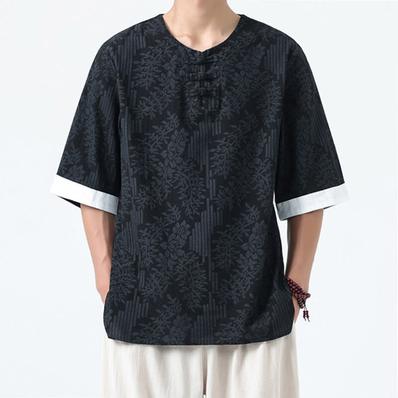Buddha Stones Summer Flowers Grass Pattern Tang Suit Men's Frog-Button Half Sleeve Cotton Shirt - Black - US/UK/AU46，EU56 (5XL) - image 11