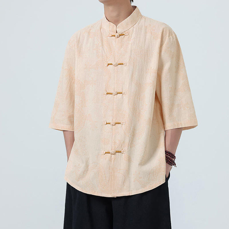 Buddha Stones Summer Dragon Auspicious Clouds Pattern Tang Suit Men's Frog-Button Half Sleeve Cotton Shirt - image 9