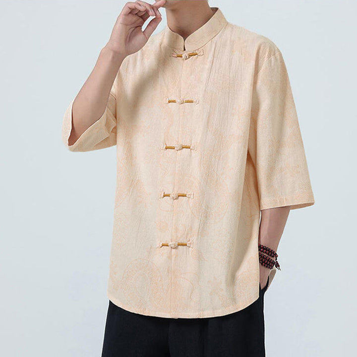 Buddha Stones Summer Dragon Auspicious Clouds Pattern Tang Suit Men's Frog-Button Half Sleeve Cotton Shirt - image 10